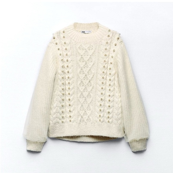 New ZARA Mixed Tule and Pearl Knit Sweater - Picture 1 of 5